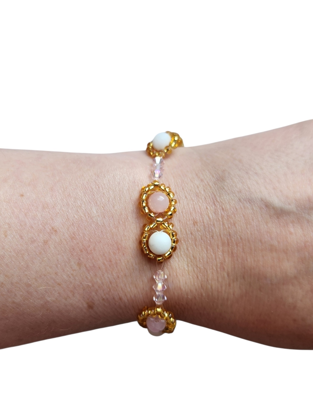 Gold-Tone Pink Quartz and White Jade Beaded Bracelet